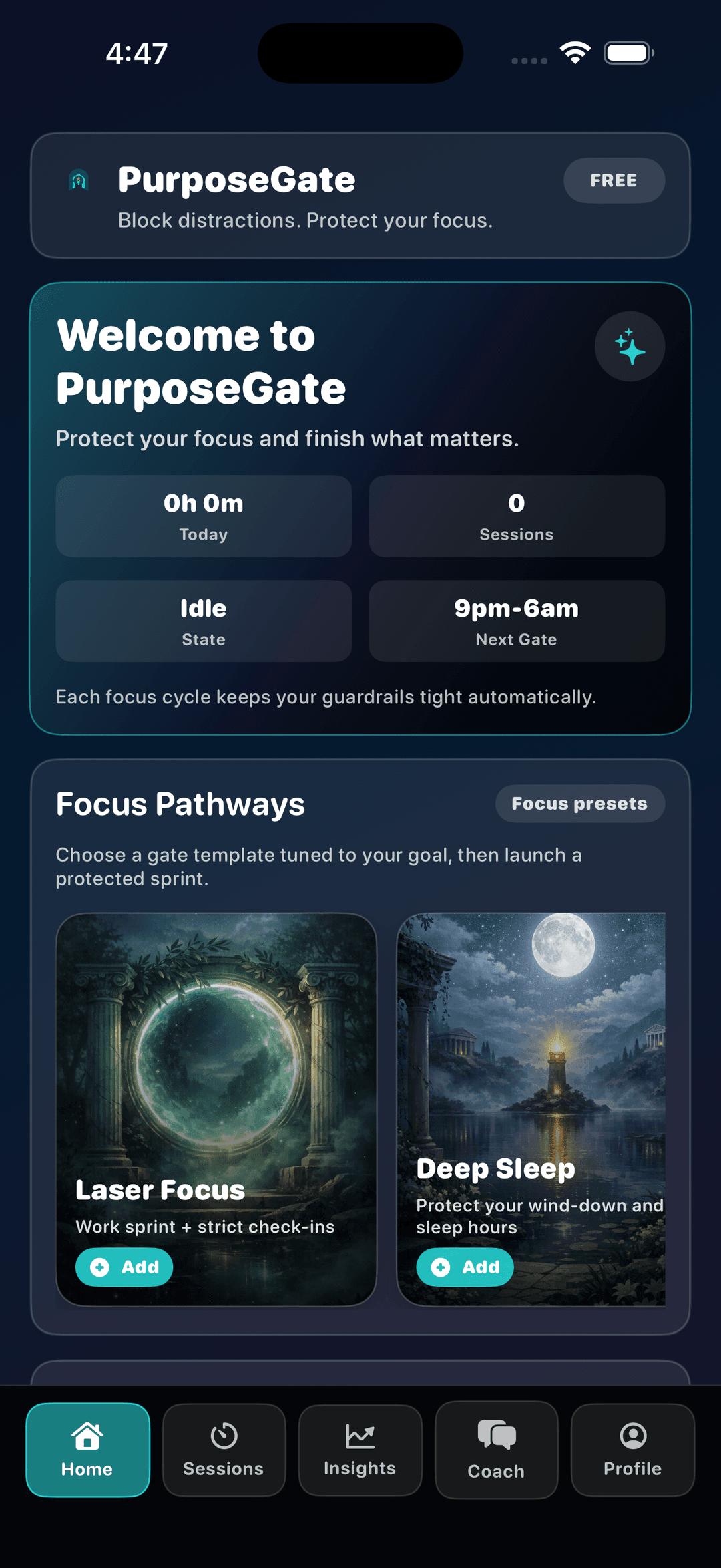 PurposeGate home screen showing focus pathways and a daily goal
